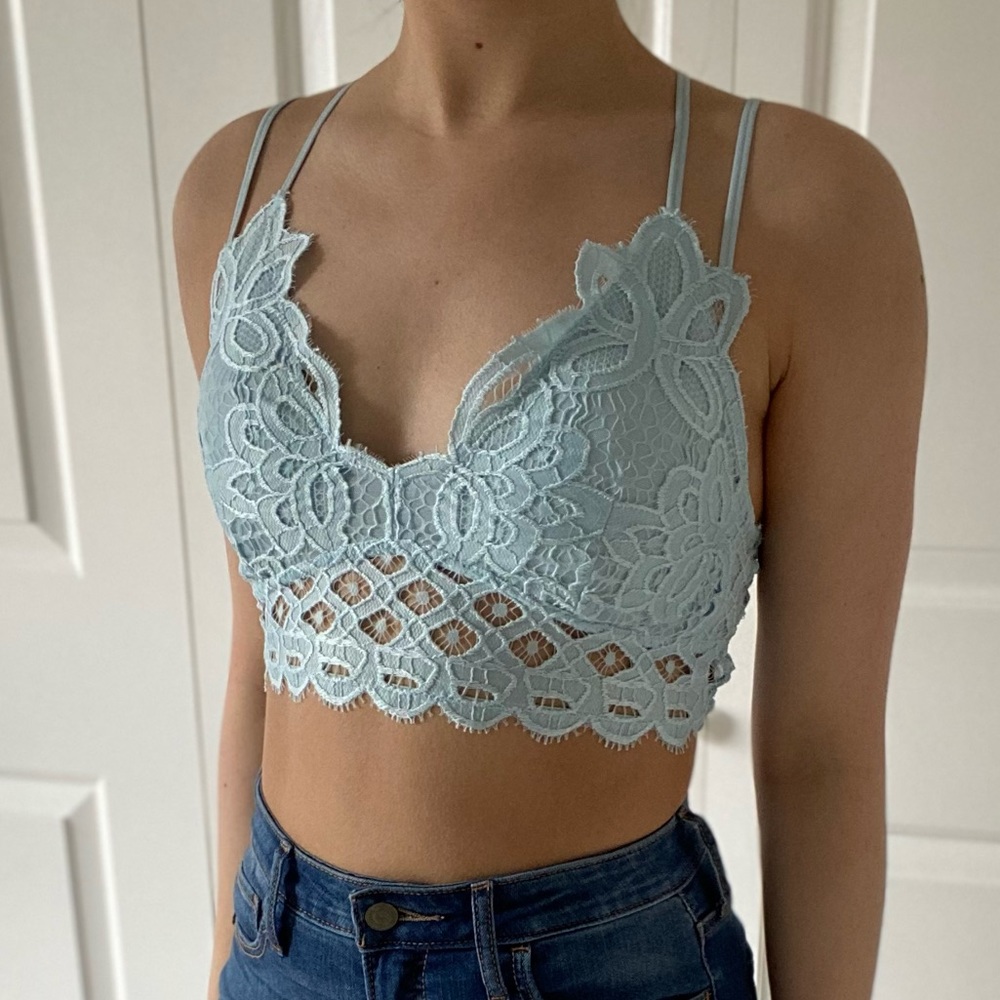 LACEY - Light Blue V Neck Criss Cross Back Lace Bralette
